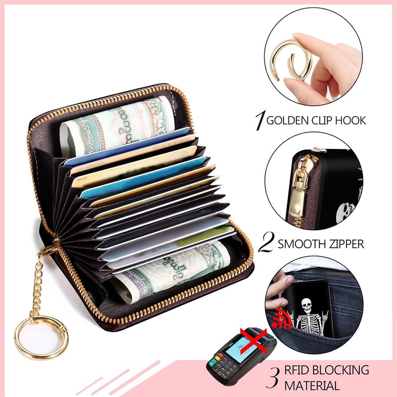 Blusabaca RFID Credit Card Holder Wallets for Women, Small Card Case Wallet with Keychain and Zipper, Skull Skeleton Rock Funny Leather Card Holder Pocket Business Accordion Wallet - Image 4